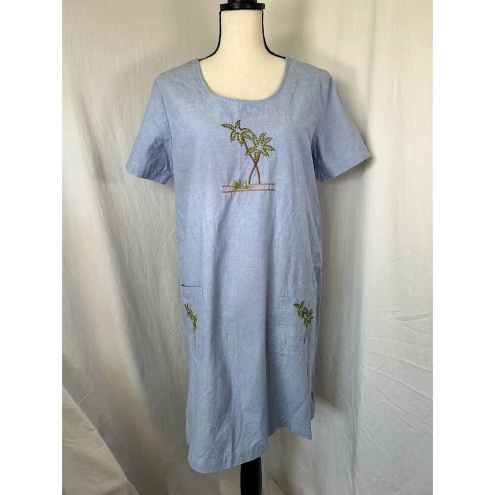 Vintage Embroidered Tropical Palm Short Sleeve Denim Blue J. Shift Dress Size M